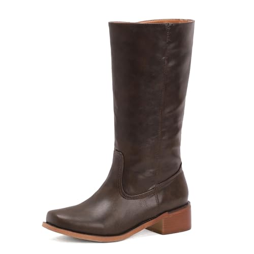 Galindopia DaHerren Mid Hohe Stiefel Square Toe Chunky Block Heel Gemütlich Low Heel Leisure Riding Stiefel Motorcycle Schuhe Botas para Mujer Coffee Size 41 von Galindopia