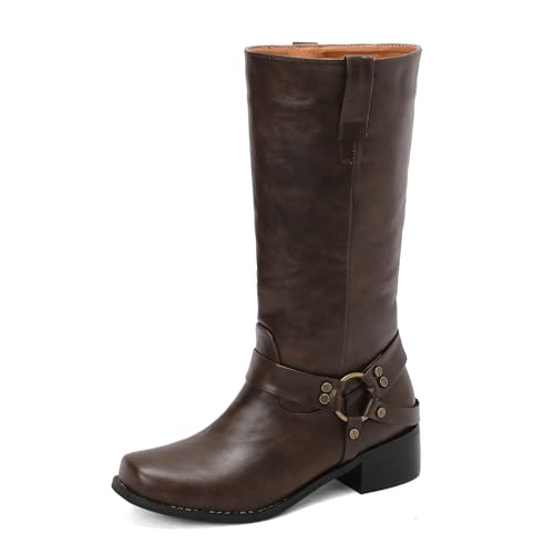 Galindopia DaHerren Mid Hohe Stiefel Square Toe Chunky Block Heel Gemütlich Low Heel Leisure Riding Stiefel Motorcycle Schuhe Botas para Mujer Coffee Size 41 von Galindopia