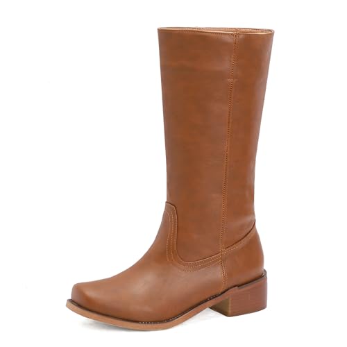 Galindopia DaHerren Mid Hohe Stiefel Square Toe Chunky Block Heel Gemütlich Low Heel Leisure Riding Stiefel Motorcycle Schuhe Botas para Mujer Red-Brown Size 42 von Galindopia