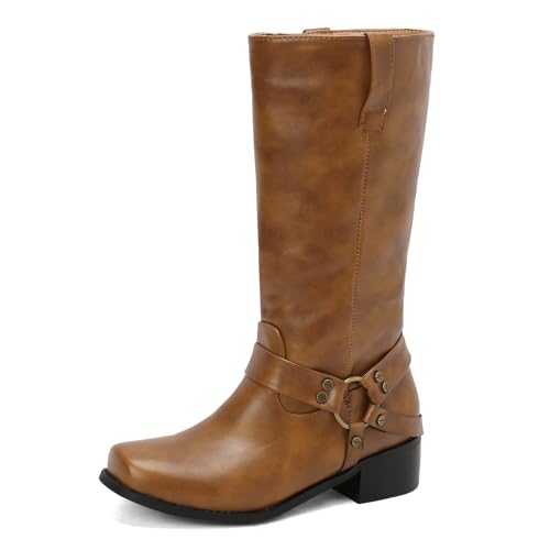 Galindopia DaHerren Mid Hohe Stiefel Square Toe Chunky Block Heel Gemütlich Low Heel Leisure Riding Stiefel Motorcycle Schuhe Botas para Mujer Yellow-Brown Size 38 von Galindopia