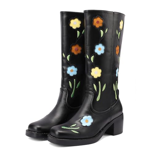 Galindopia DaHerren Mid Hohe Stiefel Square Toe Chunky Block Heel Mid Leisure Riding Stiefel Motorcycle Blume Western Schuhe Botas para Mujer Black Size 38 von Galindopia