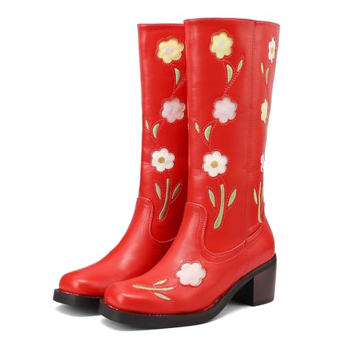 Galindopia DaHerren Mid Hohe Stiefel Square Toe Chunky Block Heel Mid Leisure Riding Stiefel Motorcycle Blume Western Schuhe Botas para Mujer Red Size 42 von Galindopia