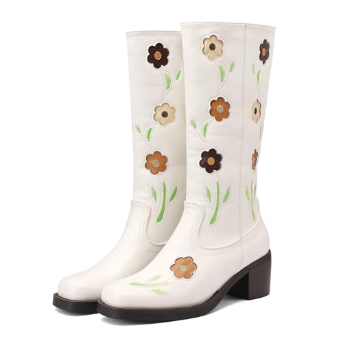 Galindopia DaHerren Mid Hohe Stiefel Square Toe Chunky Block Heel Mid Leisure Riding Stiefel Motorcycle Blume Western Schuhe Botas para Mujer White Size 43 von Galindopia