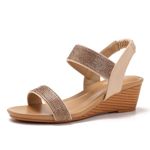 Galindopia DaHerren Wedge Sandalen Rhinestone Bohemia Sommer Strand Schuhe Elastisch Knöchelriemchen Gemütlich Cushion Padded Dressy Cage Sandalen Open Toe Apricot Size 42 von Galindopia
