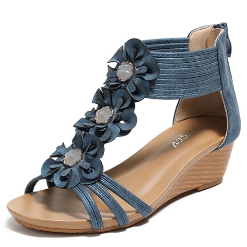 Galindopia DaHerren Wedge Sandalen Süss Blume Bohemia Sommer Strand Schuhe T Bar Gemütlich Cushion Padded Dressy Cage Sandalen Open Toe Blue Size 39 von Galindopia