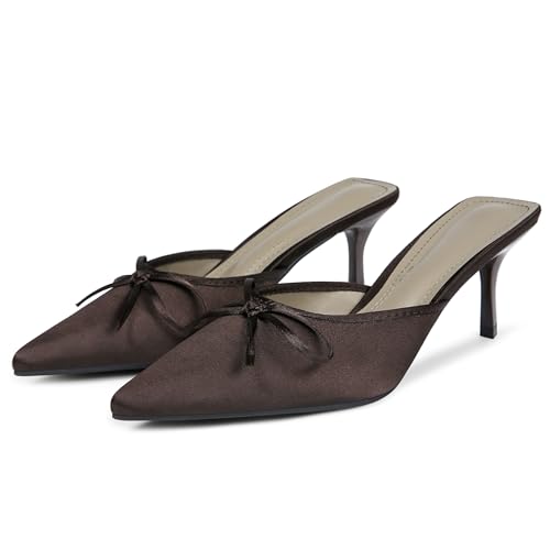 Galindopia Damen Mode Pantoletten Kitten Heel Ohne Verschluss Slide Slide Pointed Toe Bow Pumps Gemütlich Coctail Party Dress Schuhe Satin Brown Size 40 von Galindopia