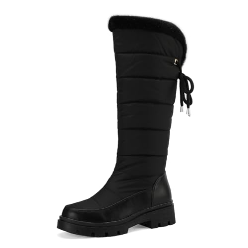 Galindopia Damen Schneestiefel Knee High Warm Gefüttert Winter Schuhe Wasserfeste Fell Lining Down Puffer Stiefel Nonslip Outdoor Botas para Mujer Black Size 41 von Galindopia