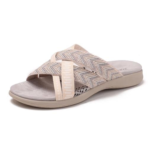 Galindopia Flach Cross Strap Slide Slide Casual Ohne Verschluss Arch Support Orthopetic Footbed Cushioned Gemütlich Strand Vacation Walking Schuhe Apricot Size 37 von Galindopia