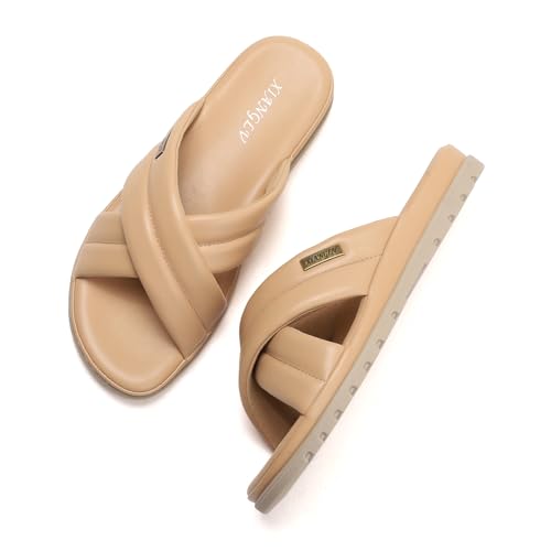 Galindopia Flach Cross Strap Slide Slide Casual Ohne Verschluss Arch Support Orthopetic Footbed Cushioned Gemütlich Strand Vacation Walking Schuhe Apricot Size 39 von Galindopia