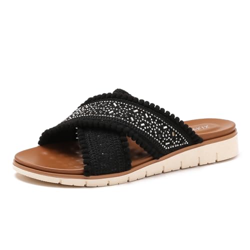 Galindopia Flach Cross Strap Slide Slide Casual Ohne Verschluss Arch Support Orthopetic Footbed Cushioned Gemütlich Strand Vacation Walking Schuhe Black Size 38 von Galindopia
