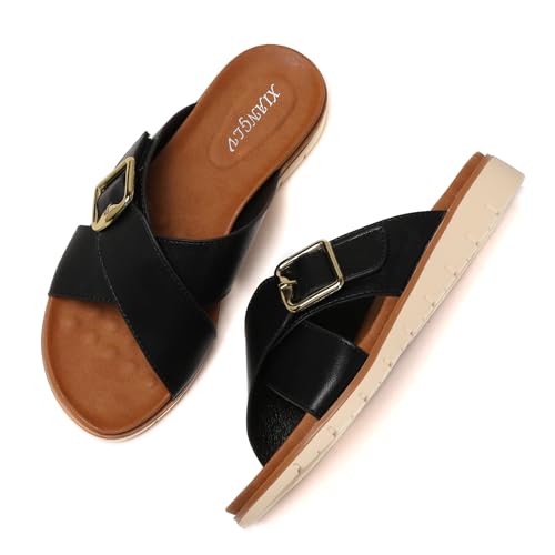 Galindopia Flach Cross Strap Slide Slide Casual Ohne Verschluss Arch Support Orthopetic Footbed Cushioned Gemütlich Strand Vacation Walking Schuhe Black Size 38 von Galindopia