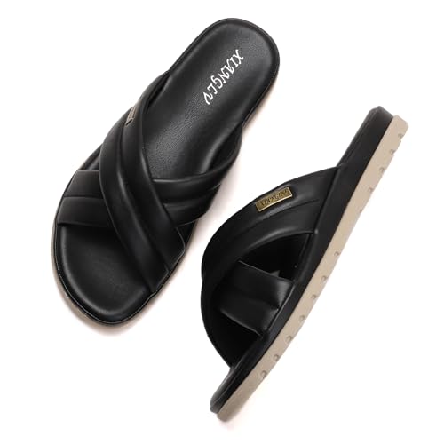 Galindopia Flach Cross Strap Slide Slide Casual Ohne Verschluss Arch Support Orthopetic Footbed Cushioned Gemütlich Strand Vacation Walking Schuhe Black Size 40 von Galindopia