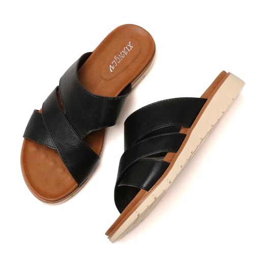 Galindopia Flach Cross Strap Slide Slide Casual Ohne Verschluss Arch Support Orthopetic Footbed Cushioned Gemütlich Strand Vacation Walking Schuhe Black Size 41 von Galindopia