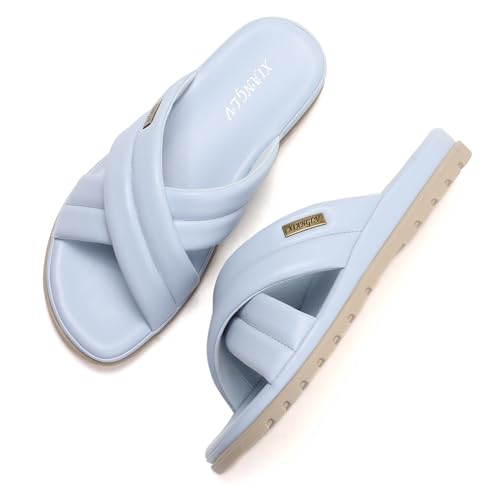 Galindopia Flach Cross Strap Slide Slide Casual Ohne Verschluss Arch Support Orthopetic Footbed Cushioned Gemütlich Strand Vacation Walking Schuhe Blue Size 39 von Galindopia