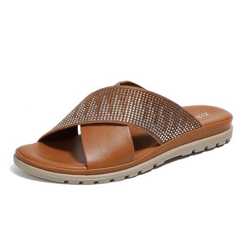 Galindopia Flach Cross Strap Slide Slide Casual Ohne Verschluss Arch Support Orthopetic Footbed Cushioned Gemütlich Strand Vacation Walking Schuhe Brown Size 38 von Galindopia