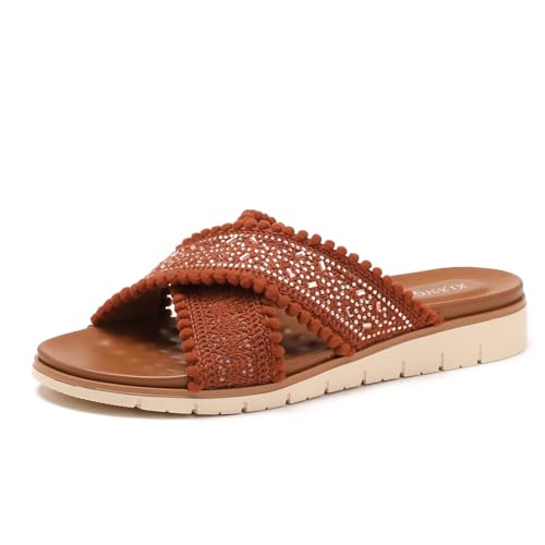 Galindopia Flach Cross Strap Slide Slide Casual Ohne Verschluss Arch Support Orthopetic Footbed Cushioned Gemütlich Strand Vacation Walking Schuhe Brown Size 41 von Galindopia