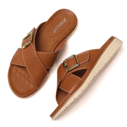 Galindopia Flach Cross Strap Slide Slide Casual Ohne Verschluss Arch Support Orthopetic Footbed Cushioned Gemütlich Strand Vacation Walking Schuhe Brown Size 41 von Galindopia