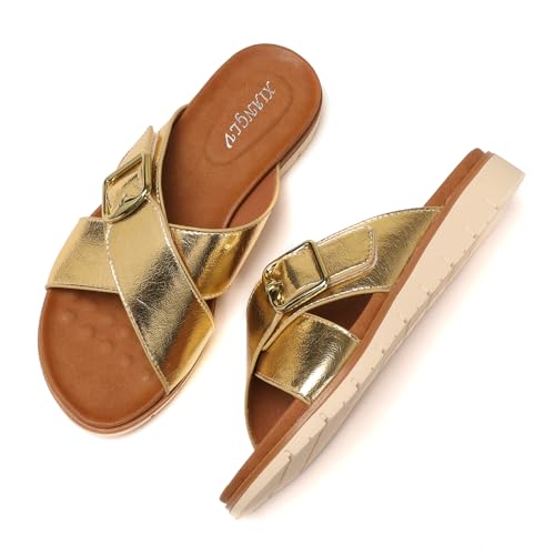 Galindopia Flach Cross Strap Slide Slide Casual Ohne Verschluss Arch Support Orthopetic Footbed Cushioned Gemütlich Strand Vacation Walking Schuhe Gold Size 41 von Galindopia
