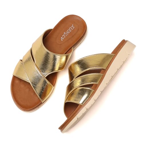 Galindopia Flach Cross Strap Slide Slide Casual Ohne Verschluss Arch Support Orthopetic Footbed Cushioned Gemütlich Strand Vacation Walking Schuhe Gold Size 42 von Galindopia