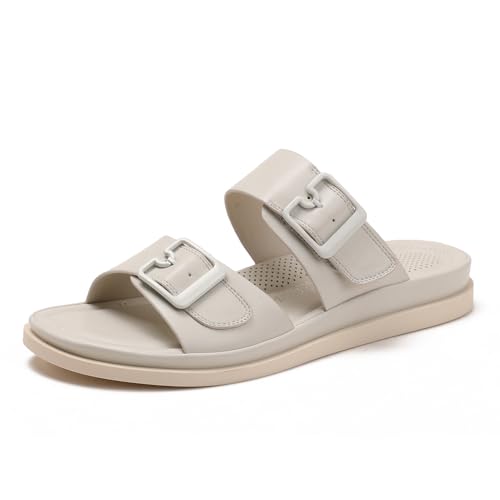 Galindopia Flach Double Strap Slide Slide Schnalle Casual Ohne Verschluss Arch Support Orthopetic Footbed Cushioned Gemütlich Strand Vacation Walking Schuhe Khaki Size 39 von Galindopia