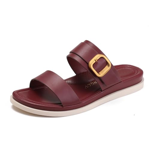 Galindopia Flach Double Strap Slide Slide Schnalle Casual Ohne Verschluss Arch Support Orthopetic Footbed Cushioned Gemütlich Strand Vacation Walking Schuhe Red Size 37 von Galindopia