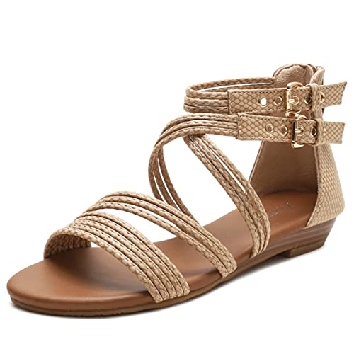 Galindopia Flach Strappy Gladiator Sandalen Für Damen Blumen Bohemia Sommer Strand Schuhe Gemütlich Cushion Padded Dressy Open Toe Cage Sandalen Apricot Size 40 von Galindopia
