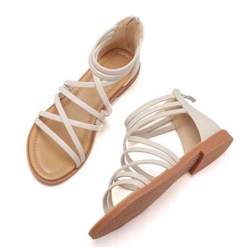 Galindopia Flach Strappy Gladiator Sandalen Für Damen Daughter Sommer Strand Schuhe Gemütlich Cushion Padded Dressy Open Toe Cage Sandalen Beige Size 40 von Galindopia