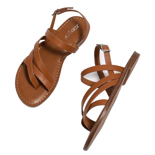 Galindopia Flach Strappy Gladiator Sandalen Für Damen Roma Sommer Strand Schuhe Gemütlich Cushion Padded Dressy Open Toe Cage Zehentrenner Sandalen Brown Size 38 von Galindopia