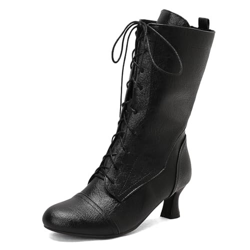 Galindopia Jahrgang DaHerren Mid-Calf Stiefel Schnüren Victorian Mediaeval Renaissance Style Runde Zehen Character Schuhe Cosply Pirate Black Plus Size 41 von Galindopia