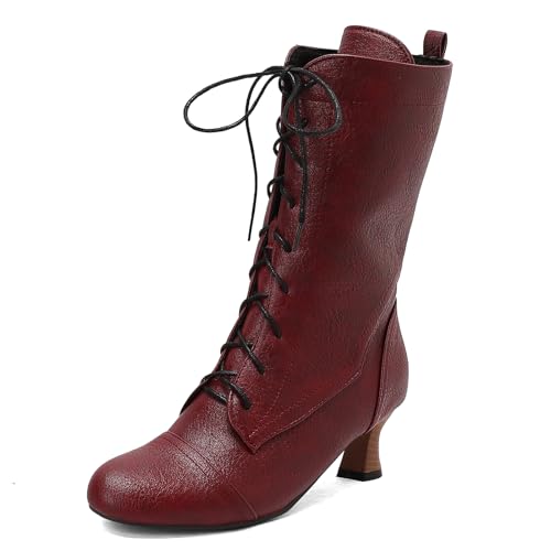 Galindopia Jahrgang DaHerren Mid-Calf Stiefel Schnüren Victorian Mediaeval Renaissance Style Runde Zehen Character Schuhe Cosply Pirate Claret Plus Size 39 von Galindopia