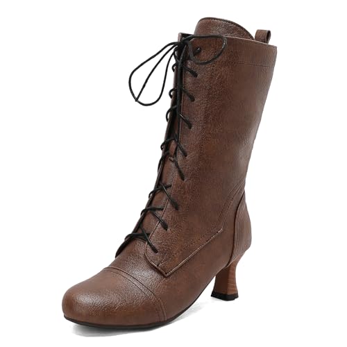 Galindopia Jahrgang DaHerren Mid-Calf Stiefel Schnüren Victorian Mediaeval Renaissance Style Runde Zehen Character Schuhe Cosply Pirate Coffee Plus Size 40 von Galindopia