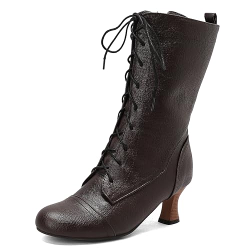 Galindopia Jahrgang DaHerren Mid-Calf Stiefel Schnüren Victorian Mediaeval Renaissance Style Runde Zehen Character Schuhe Cosply Pirate Dark Brown Plus Size 46 von Galindopia
