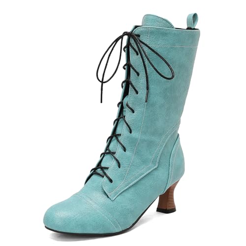 Galindopia Jahrgang DaHerren Mid-Calf Stiefel Schnüren Victorian Mediaeval Renaissance Style Runde Zehen Character Schuhe Cosply Pirate Green Plus Size 38 von Galindopia