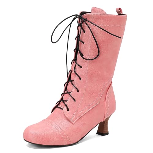 Galindopia Jahrgang DaHerren Mid-Calf Stiefel Schnüren Victorian Mediaeval Renaissance Style Runde Zehen Character Schuhe Cosply Pirate Pink Plus Size 42 von Galindopia