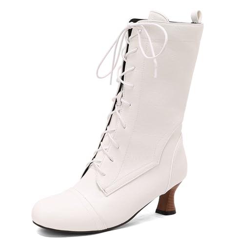 Galindopia Jahrgang DaHerren Mid-Calf Stiefel Schnüren Victorian Mediaeval Renaissance Style Runde Zehen Character Schuhe Cosply Pirate White Plus Size 37 von Galindopia
