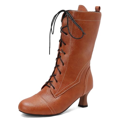 Galindopia Jahrgang DaHerren Mid-Calf Stiefel Schnüren Victorian Mediaeval Renaissance Style Runde Zehen Character Schuhe Cosply Pirate Yellow Plus Size 38 von Galindopia