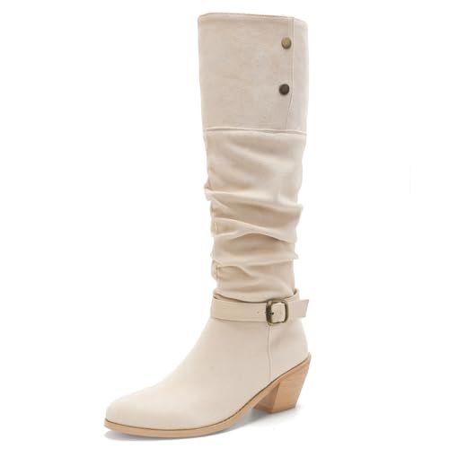 Galindopia Leisure Slouch Stiefel Knee High Block Heel Pleated Cowgirl Pull On Overknee Collar Fold Over Pirate Schuhe Jahrgang Snap Button Apricot Size 43 von Galindopia