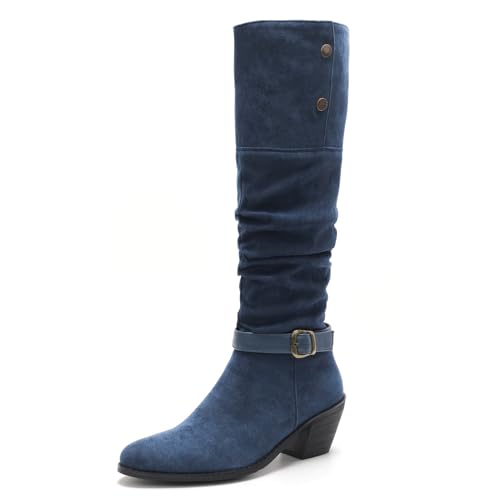 Galindopia Leisure Slouch Stiefel Knee High Block Heel Pleated Cowgirl Pull On Overknee Collar Fold Over Pirate Schuhe Jahrgang Snap Button Blue Size 37 von Galindopia