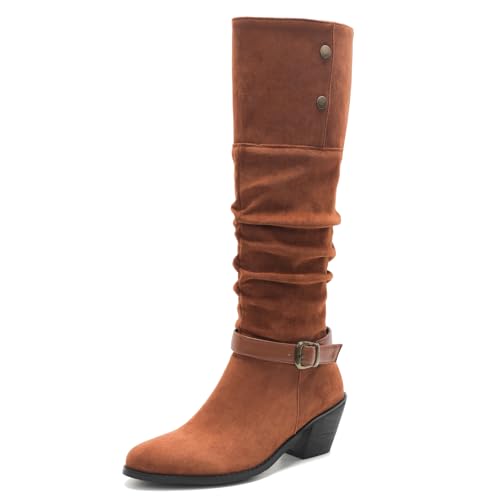 Galindopia Leisure Slouch Stiefel Knee High Block Heel Pleated Cowgirl Pull On Overknee Collar Fold Over Pirate Schuhe Jahrgang Snap Button Brown Size 39 von Galindopia