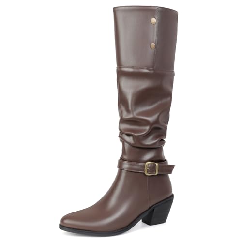 Galindopia Leisure Slouch Stiefel Knee High Block Heel Pleated Cowgirl Pull On Overknee Collar Fold Over Pirate Schuhe Jahrgang Snap Button Brown Size 42 von Galindopia