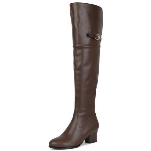 Galindopia Leisure Thigh Hohe Stiefel Block Heel Slouch Pleated Zipper Overknee Collar Fold Over Fall Riding Stiefel Gemütlich Jahrgang Brown Size 37 von Galindopia