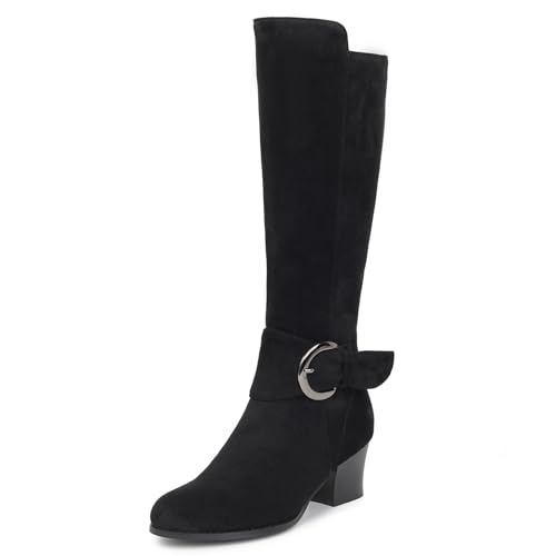 Galindopia Leisure Thigh Hohe Stiefel Block Heel Slouch Pleated Zipper Overknee Collar Fold Over Fall Riding Stiefel Gemütlich Jahrgang Wildleder-Black Size 38 von Galindopia