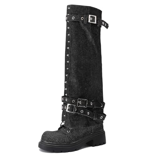 Galindopia Mode Dual-Purpose Schuhe Removable Kniestiefel and Brogue Schuhe Chunky Heel Motorcycle Nieten Stiefel Fold Over Wide Calf Black Size 36 von Galindopia