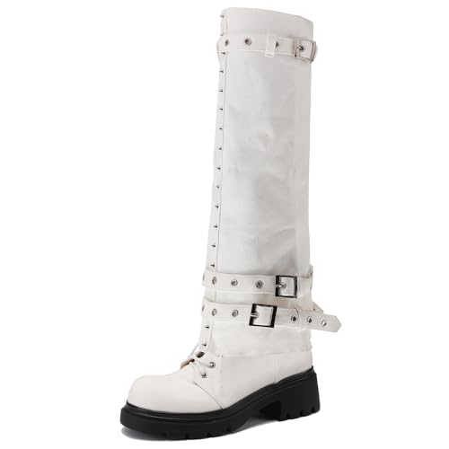 Galindopia Mode Dual-Purpose Schuhe Removable Kniestiefel and Brogue Schuhe Chunky Heel Motorcycle Nieten Stiefel Fold Over Wide Calf White Size 41 von Galindopia