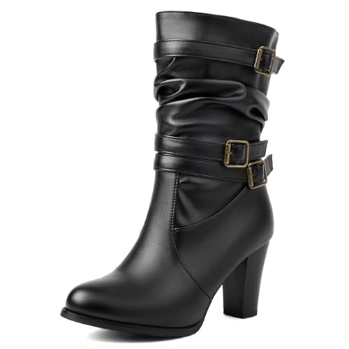 Galindopia Pleated Slouch Stiefel Ankle High Block Heel Dressy Motorcycle Stiefeletten Heels Schnalle Belt Nieten Chain Kampfstiefel Plus Black Size 44 von Galindopia