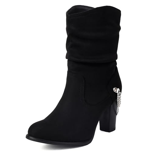 Galindopia Pleated Slouch Stiefel Ankle High Block Heel Dressy Motorcycle Stiefeletten Heels Schnalle Belt Nieten Chain Kampfstiefel Plus Wildleder-Black Size 36 von Galindopia