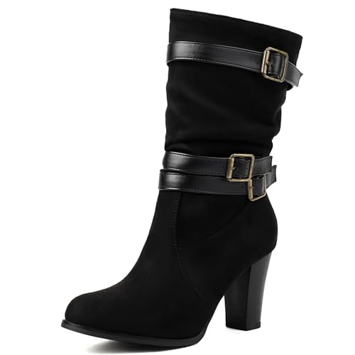 Galindopia Pleated Slouch Stiefel Ankle High Block Heel Dressy Motorcycle Stiefeletten Heels Schnalle Belt Nieten Chain Kampfstiefel Plus Wildleder-Black Size 38 von Galindopia