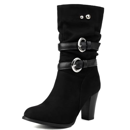Galindopia Pleated Slouch Stiefel Ankle High Block Heel Dressy Motorcycle Stiefeletten Heels Schnalle Belt Nieten Chain Kampfstiefel Plus Wildleder-Black Size 41 von Galindopia