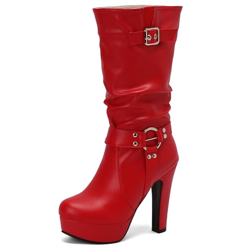 Galindopia Red Plateau Slouch Stiefel Mid Calf für Damen Block Heels Wide Calf Schnalle Gotisch Punk Knight Biker Half Botines de Mujer Size 42 Galindopia Red Plateau Slouch Stiefel Mid Calf für Damen Block Heels Wide Calf Schnalle Gotisch Punk Knight Biker Half Botines de Mujer Size 42 von Galindopia