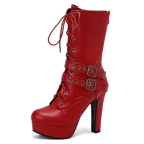 Galindopia Red Plateau Stiefel Mid Calf für Damen Blockabsatz Nieten Studs Gotisch Punk Schnüren Knight Biker Half Botines de Mujer Size 39 von Galindopia